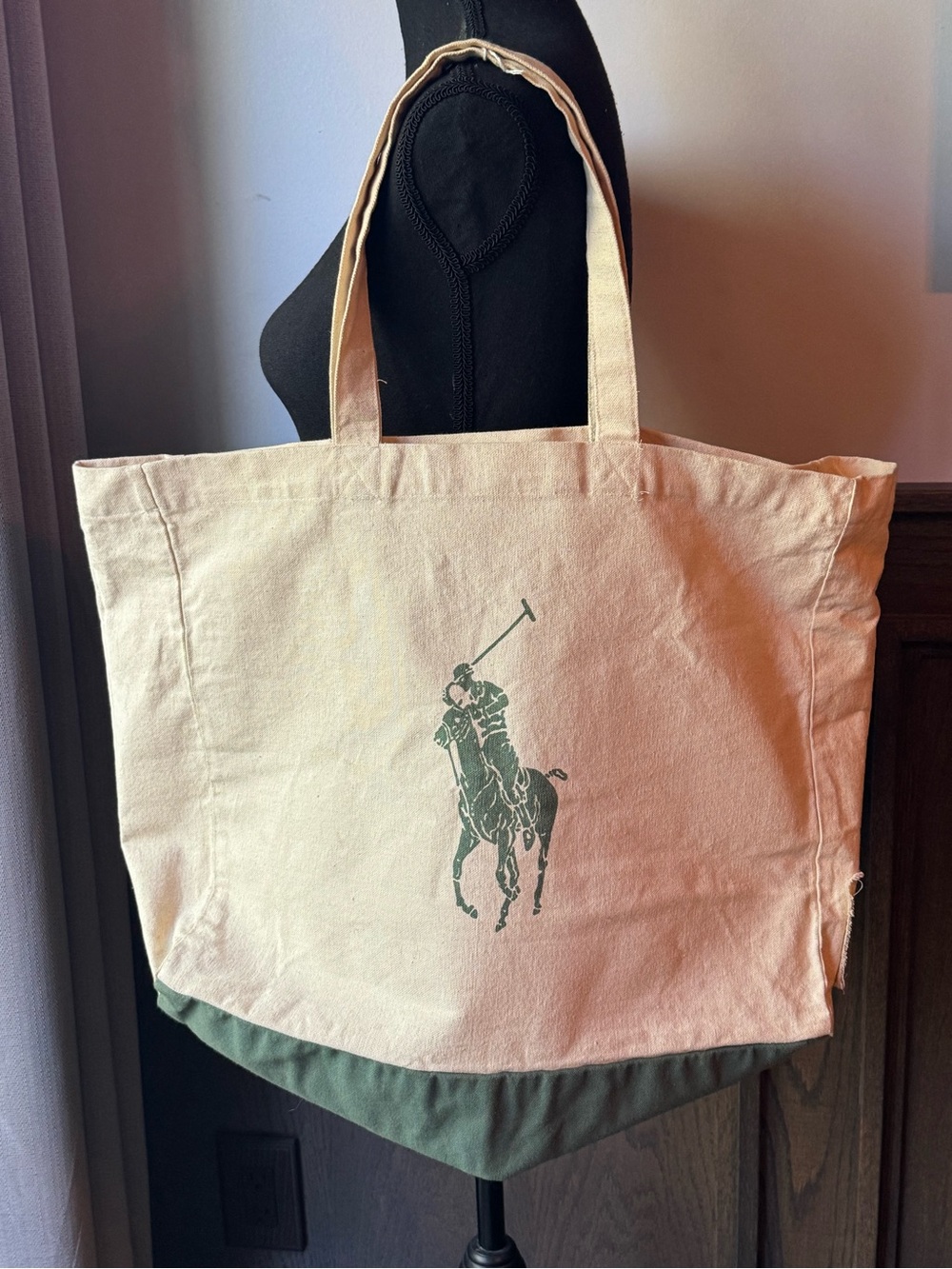 Ralph Lauren Cream & Green Organic Cotton Canvas Tote Bag